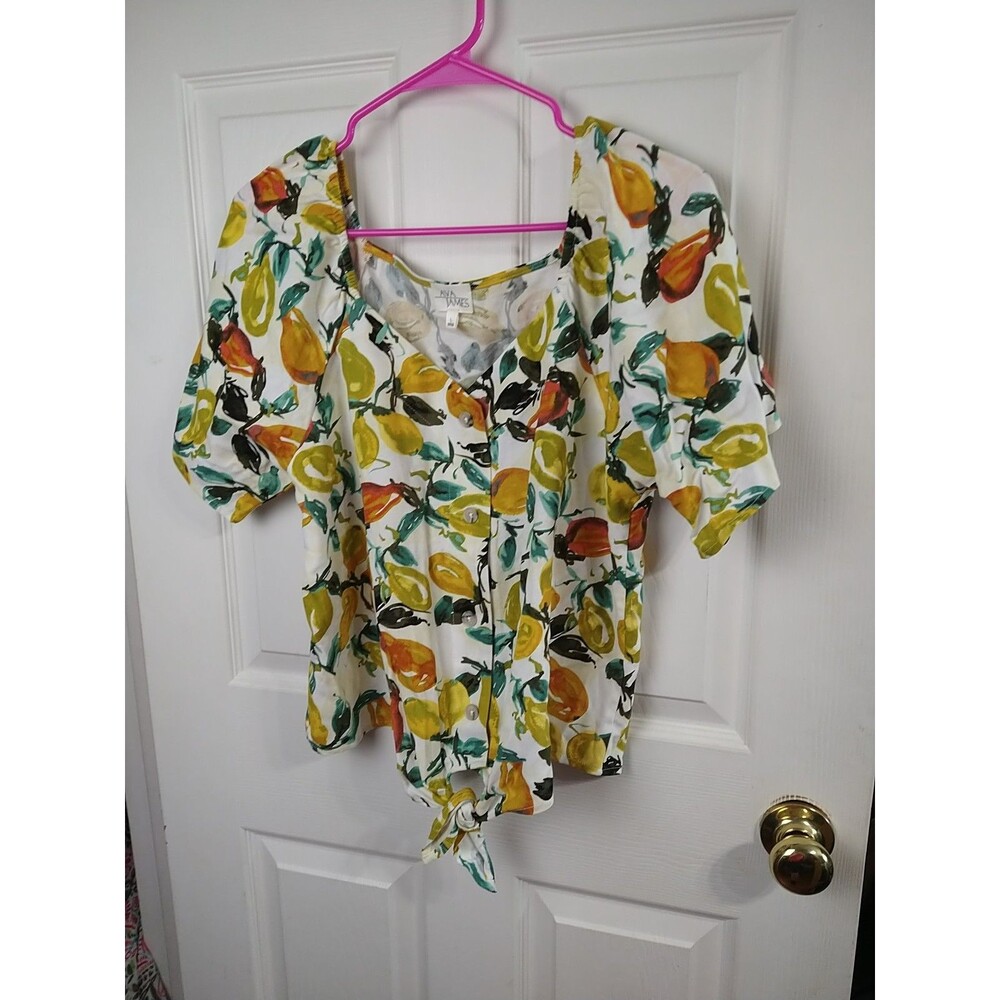 Ava James Woman L Shirt V Button Fruit Linen Blend Tie Front SS cropped